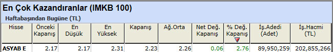 En çok kazandıran hisseler 28-12-2012