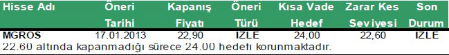 Günün önerilen hisseleri 17-01-2013